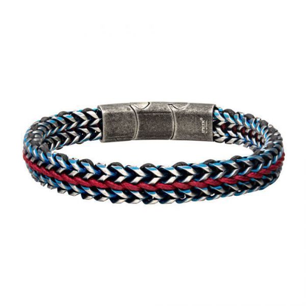 Picture of Allegiance Stainless Steel Bracelets with Red Wax Cord binding 2 Blue Antique Brushed Foxtail Links