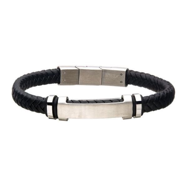 Picture of Black Leather with Stainless Steel Beads & Engravable ID Bracelet