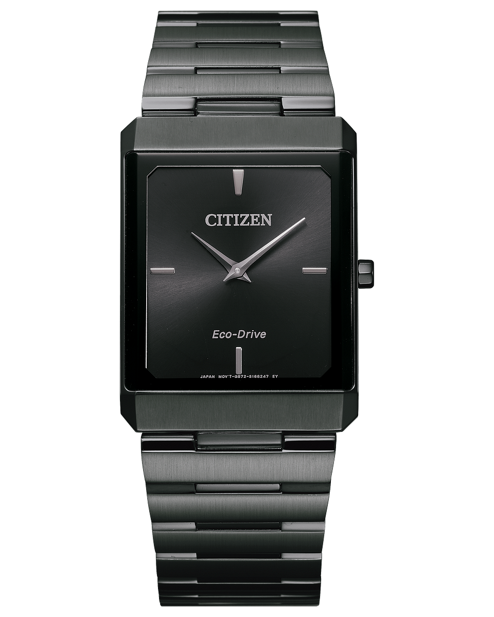 Citizen Eco-Drive watch - Large Stiletto Tank is a timepiece not to be  missed. The black stainless steel band and case and black dial makes for a 