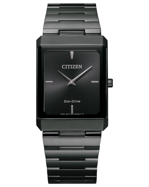 Picture of Citizen Eco-Drive watch - Large Stiletto Tank is a timepiece not to be missed. The black stainless steel band and case and black dial makes for a sleek package.