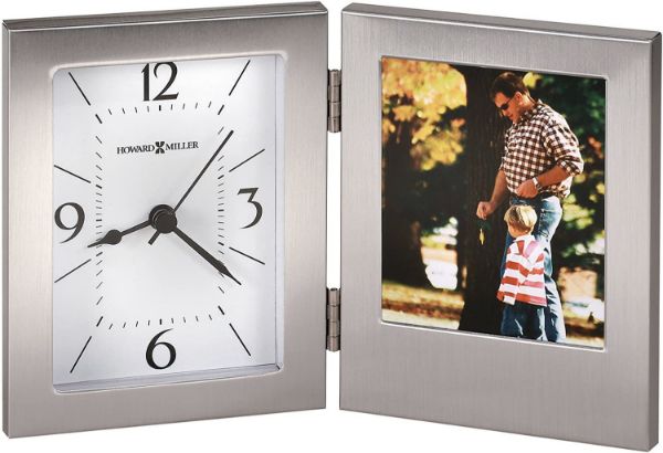 Picture of Envision..This hinged, brushed aluminum tabletop clock features a picture frame that holds 3.5" x 3" photo.