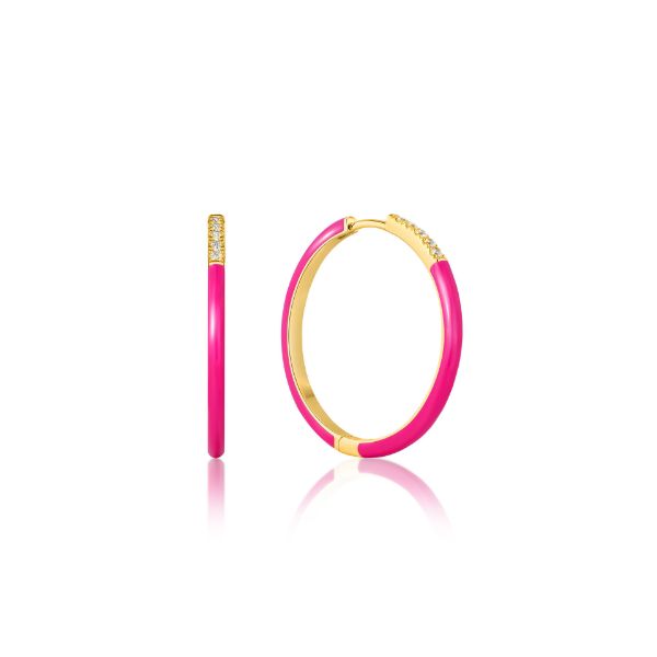 Picture of Neon Pink Enamel Gold Sparkle Hoop Earrings