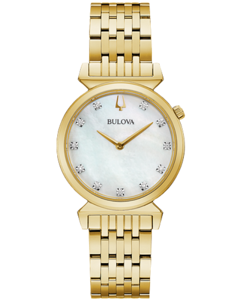 Picture of Regatta 11 dia. Bulova, the gold-tone stainless steel Regatta features a white mother-of-pearl dial set with 11 diamonds