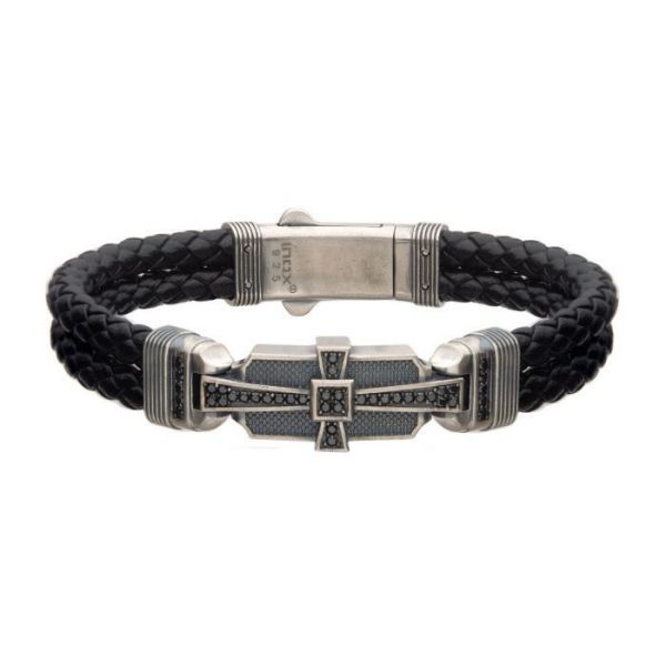 Picture of SS W/Double Braid Black Leather and 40pc Black CZ Bracelet
