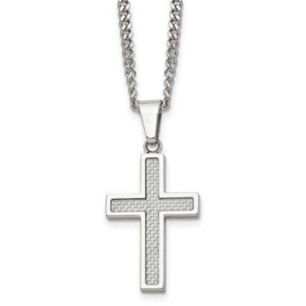 Picture of Stainless Steel Polished With Grey Carbon Fiber Inlay Small Cross Necklace