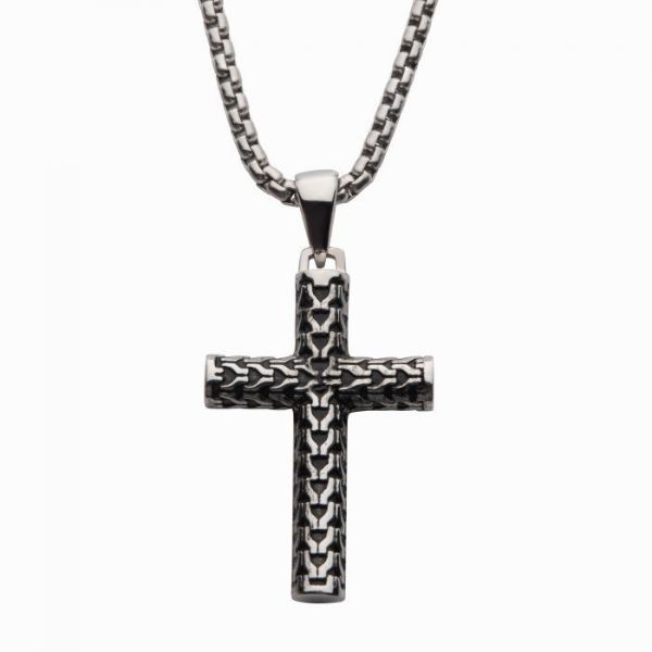 Picture of Steel Scale Cross Drop Pendant with Bold Box Chain