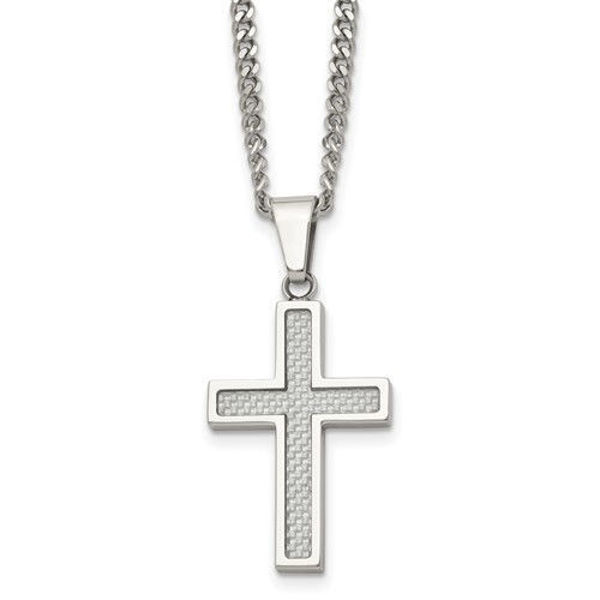 Picture of Stainless Steel Polished With Grey Carbon Fiber Inlay Small Cross Necklace