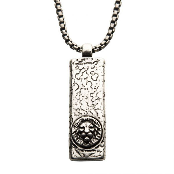 Picture of Stainless Steel Silver Plated Dog Tag Pendant with Lion Head Inlay, with Steel Box Chain
