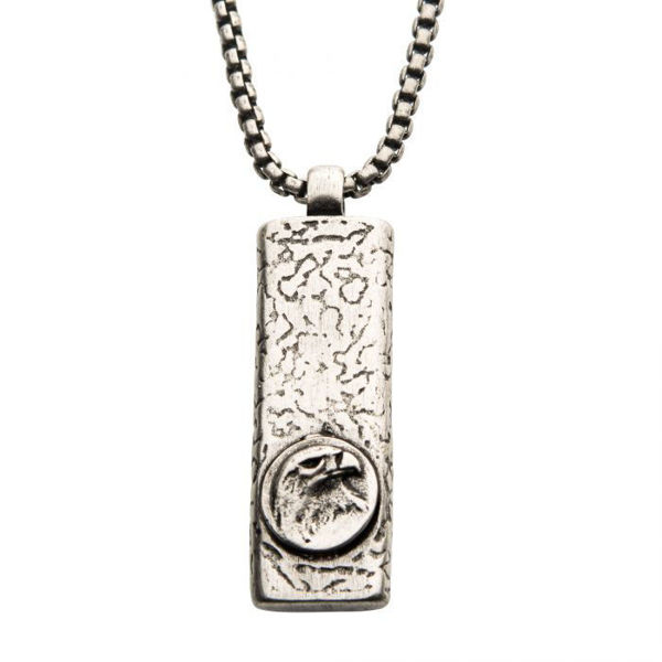 Picture of Stainless Steel Silver Plated Dog Tag Pendant with Eagle Head Inlay, with Steel Box Chain
