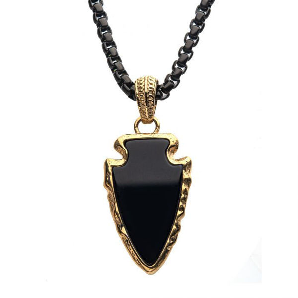 Picture of Black Agate Stone with Gold Plated Frame Pendant on a Polished Gold Plated Bail with Polished Black Plated Box Chain