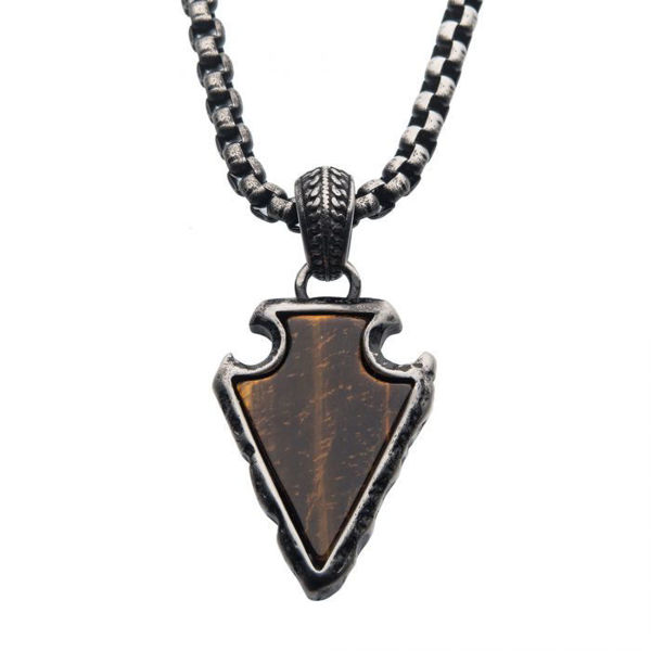 Picture of Tiger Eye Stone with Gun Metal Plated Frame Pendant on a Black Plated Bail with Black Plated Box Chain