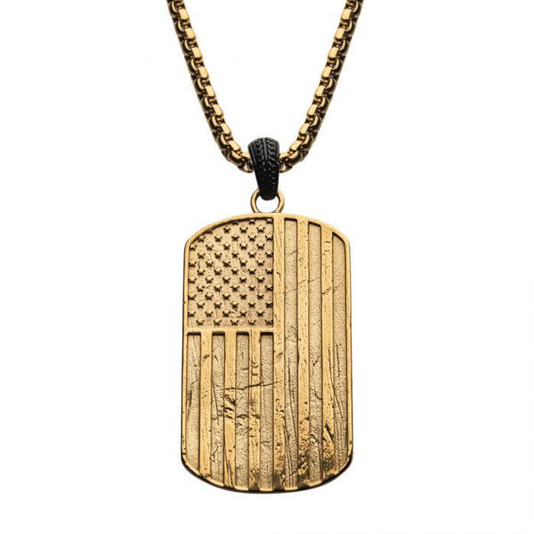 Picture of Polished Gold Plated Rugged American Flag Pendant on a Polished Black Plated Bail with Gold Plated Box Chain