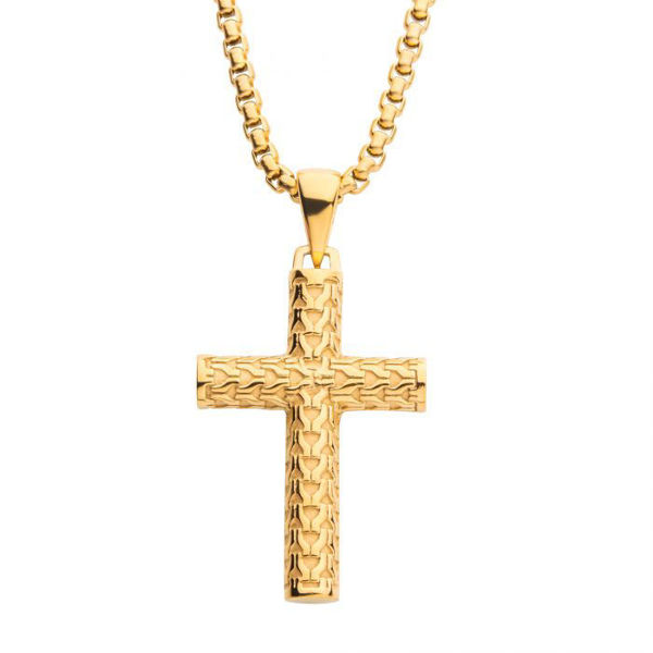 Picture of Polished 18K Gold IP Scale Cross Drop Pendant with Bold Box Chain