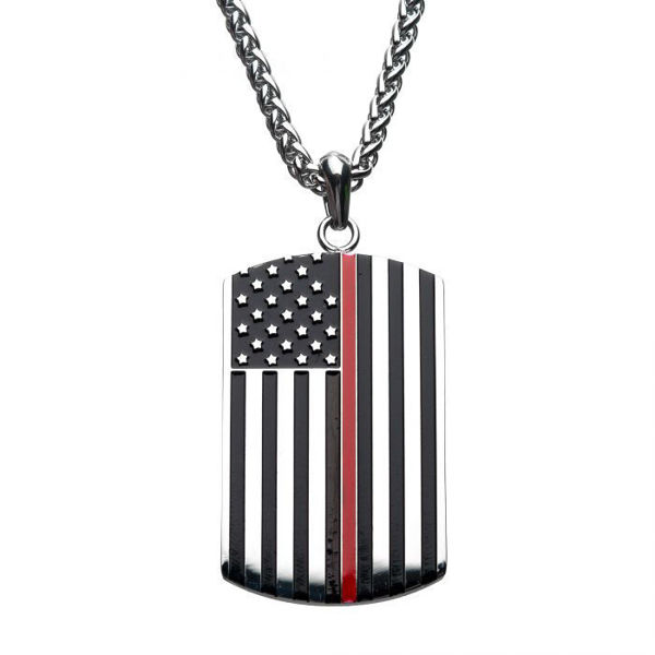 Picture of Thin Red Line American Flag Firefighter Military Style Dog Tag Enamel Pendant with Chain