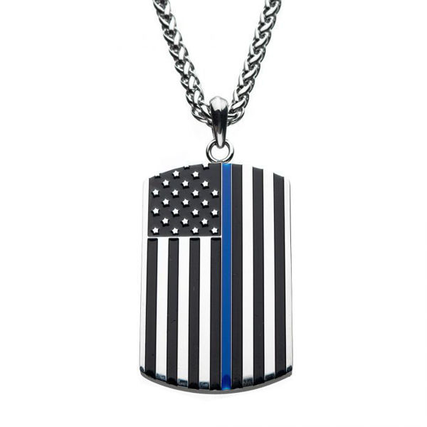 Picture of Thin Blue Line American Flag Police Officer Military Style Dog Tag Enamel Pendant with Chain