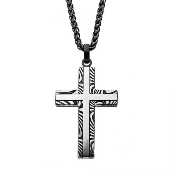 Picture of Stainless Steel Damascus Cross Pendant with Black Round Wheat Chain