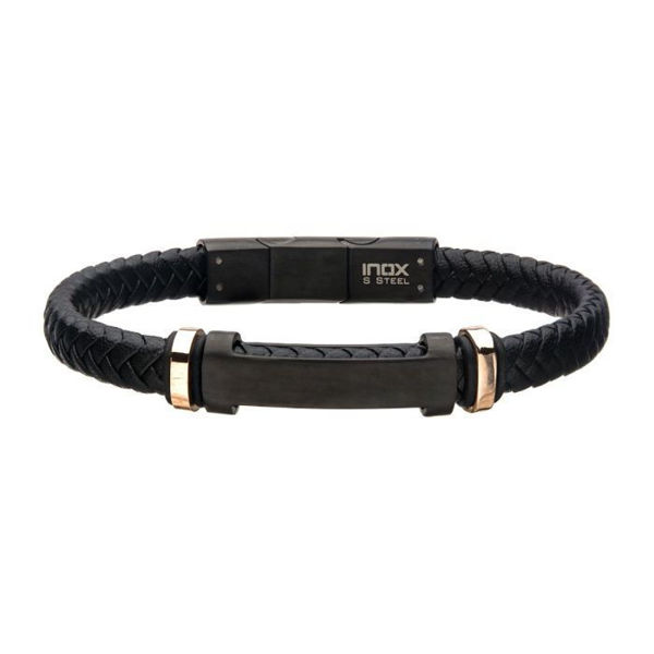 Picture of Black Leather with Rose Gold IP Beads & Black IP Engravable ID Bracelet