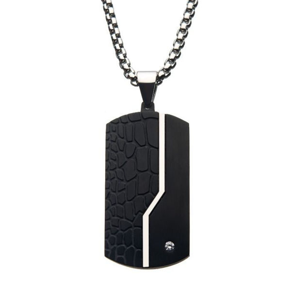 Picture of Stainless Steel Thin Line Crocodile Dog Tag Pendant with 2mm Clear CZ & Steel Chain