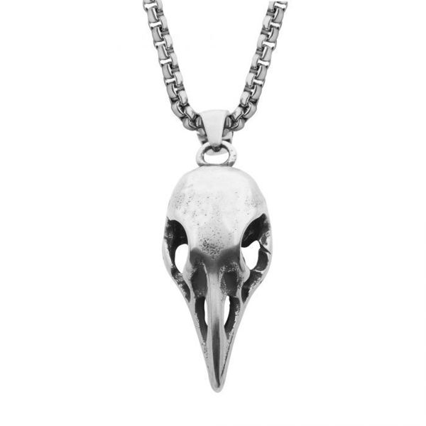 Picture of Distressed Matte Steel Crow Skull Pendant with Chain