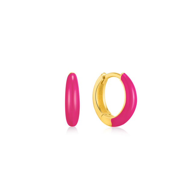 Picture of Neon Pink Enamel Gold Sleek Huggie Hoop Earrings