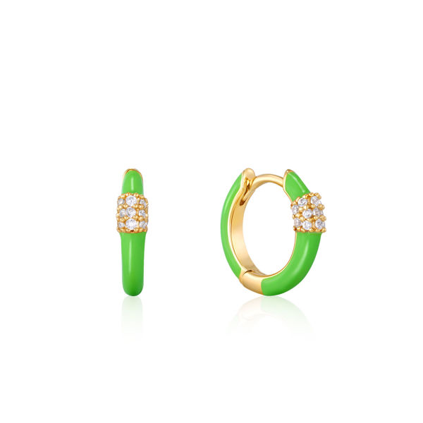 Picture of Neon Green Enamel Carabiner Gold Huggie Hoop Earrings