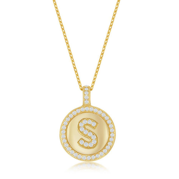 Picture of Gold Plated Sterling Silver Micro Pave Circle "S" Pendant