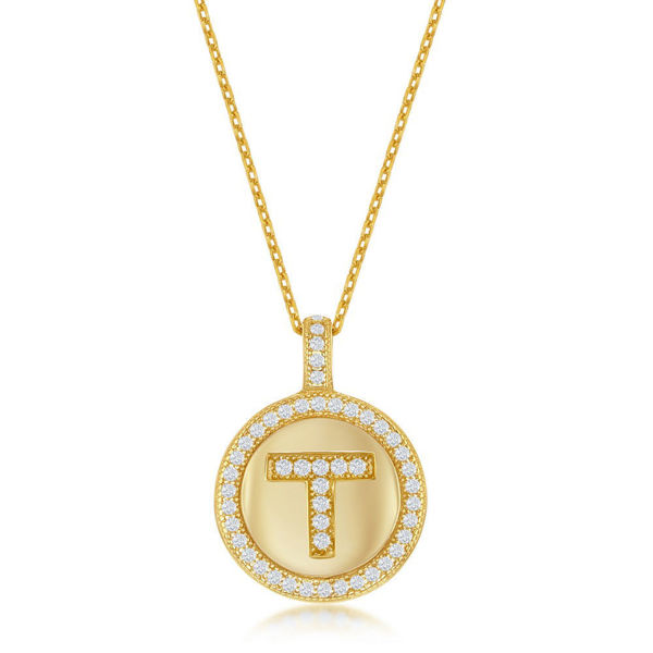Picture of Gold Plated Sterling Silver Micro Pave Circle "T" Pendant