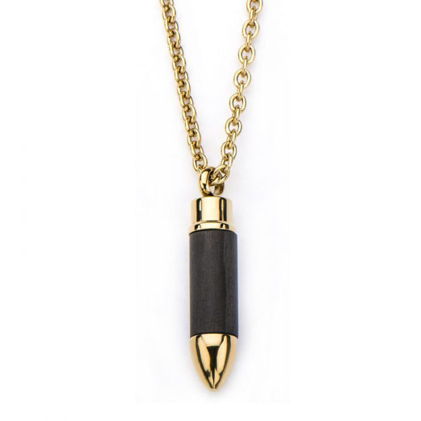 Picture of Stainless Steel Gold IP & Carbon Graphite Bullet Pendant with 22 Chain